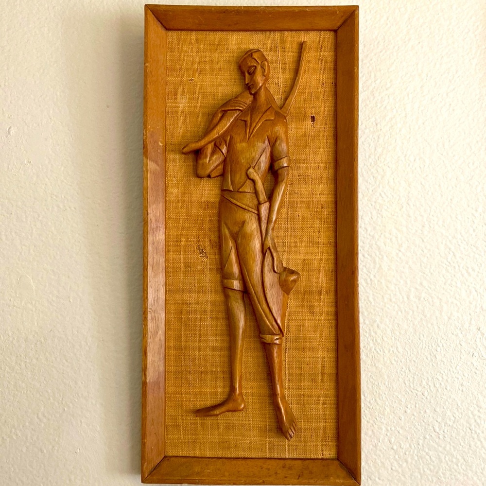 Vintage 60s Carved Solid Wood Farmer Framed in More Wood